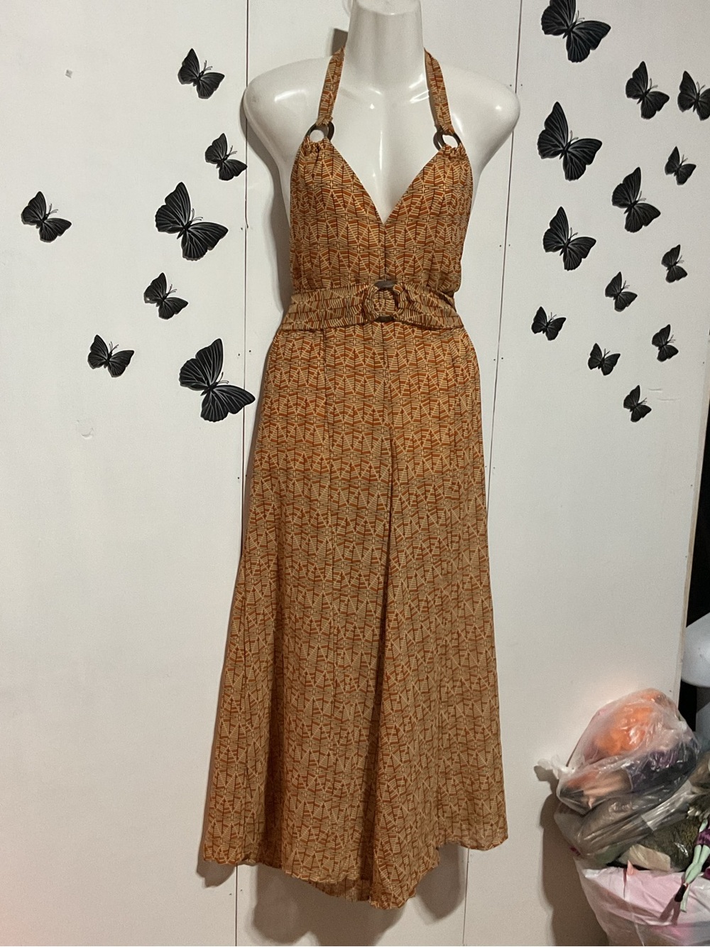 Halter Belted Jumpsuit in Warm Tan Print